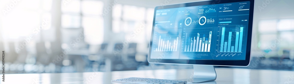 Poster business workspace with high-tech analytics dashboard on a large screen