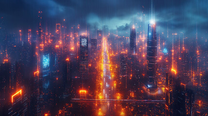 Fototapeta premium Futuristic Cyberpunk Cityscape Illuminated by Neon Lights and Holograms in a Rainy Night, Showcasing Advanced Technology and Urban Skyscrapers