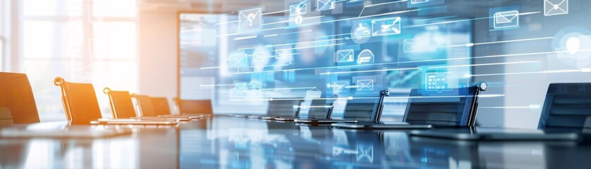 Business conference room with innovative email marketing visuals, highlighting increased reach