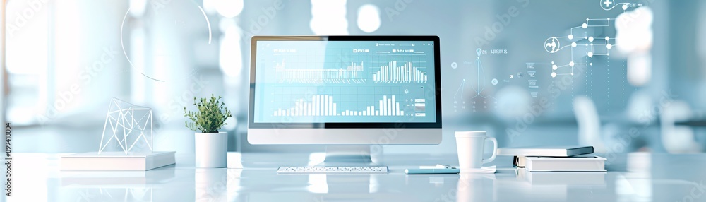 Poster an office with seo graphs and business charts, emphasizing content creation