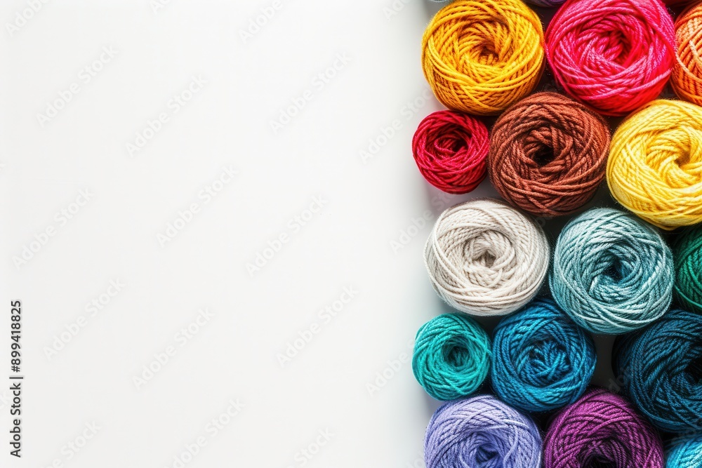 Aufkleber A vibrant array of yarn rolls displayed in a grid pattern with a clean white background, providing ample space for creative text overlays. Generative AI