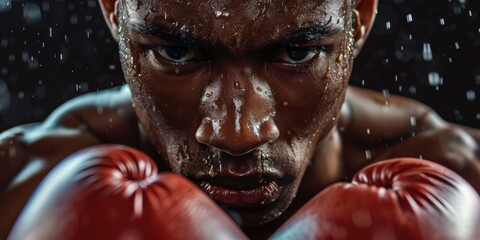 close up shot of a female boxers intense gaze sweat glistening on her determined face gloves raised in a defensive stance embodying resilience