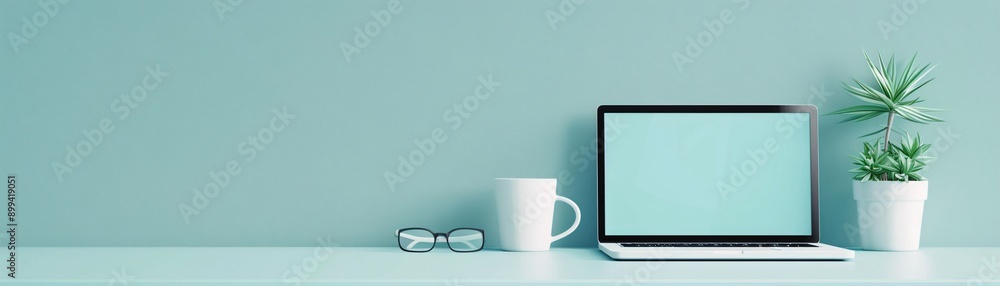 Poster minimalist design with a laptop screen and online advertising elements on a soft background