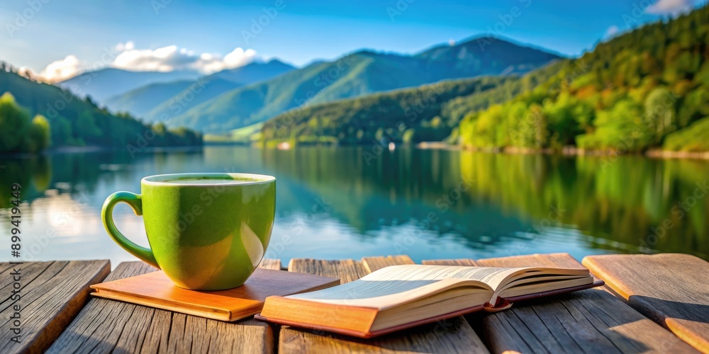 Poster Scenic lake view with a cup of tea and an open book.