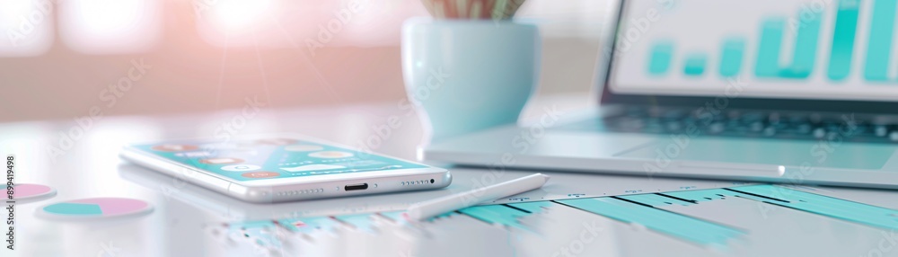Poster a professional setup with a smartphone displaying pastel social media icons and new data analytics v