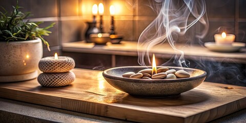 Obraz premium Zen stone bowl with candles and incense in a peaceful setting.