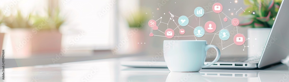 Poster a workspace with soft hues and social media icons, emphasizing target audience reach in a uniquely p
