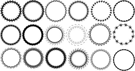 Hand-drawn circular wreath vector elements, including various decorative round frames for design, borders, and illustrations