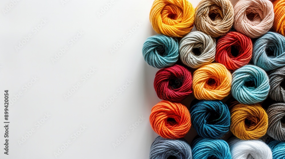 Poster a vibrant arrangement of various yarn rolls on a white background offers ample space for adding text