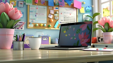 An organized teacher's desk with a laptop, planner, and a cup of coffee. The background includes a bulletin board with important notices and colorful decorations.