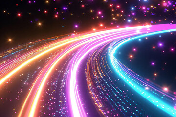 Abstract Neon Lights Trails with Sparkling Stars.