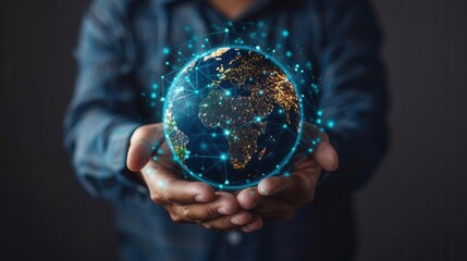 A person holds a digitally connected globe, representing global technology, communication, and innovation in a modern setting.