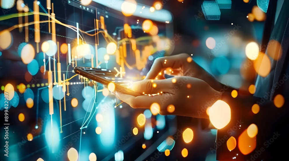 Poster ai-powered crypto trading on mobile:trader analyzes charts for buy and sell signals