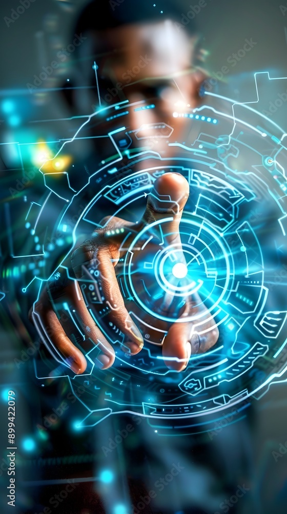Poster security guard showcasing advanced holographic safety and access control system interface