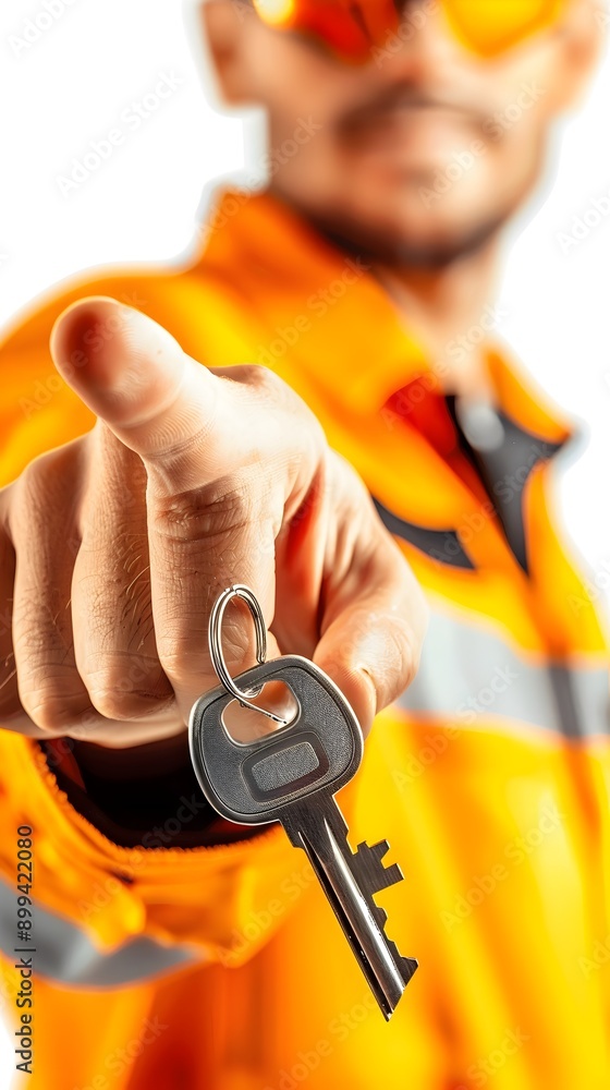 Poster security guard demonstrating safety system with key and hologram on white background