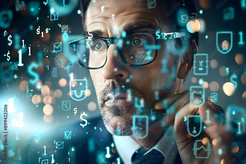 Poster futuristic businessman portrait with floating tech symbols in glowing digital backdrop
