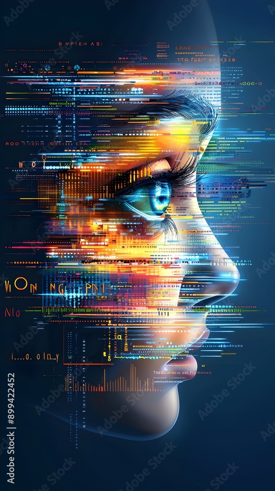 Poster futuristic digital portrait with abstract data visualization and glitch effect