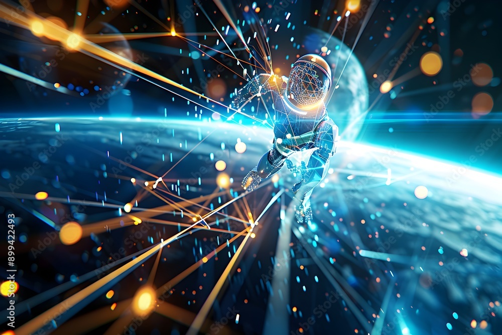 Poster futuristic robot powering global digital cyberspace with accuracy and speed