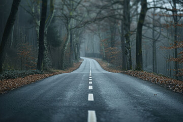 Obraz premium horizontal image of a road traversing a forest in a cold wet autumn day