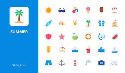 Summer Icon Set with flat style. Perfect for UI, infographics, or social media content related to summer, holiday, and vacation.