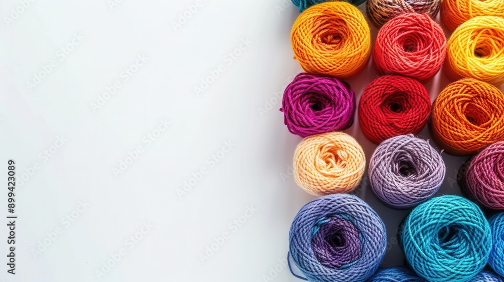 Poster Colorful yarn rolls arranged in a grid pattern on a clean white background, providing ample space for creative text placements. Generative AI