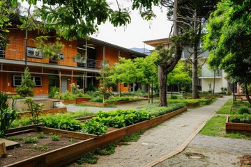 Naklejka premium Educational Campus with Lush Permaculture Gardens for Sustainable Agriculture Learning