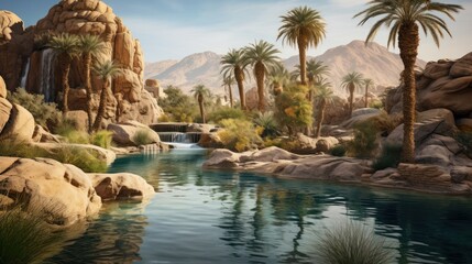 Photograph of an oasis nestled amidst a rugged desert landscape, featuring a tranquil pool of water surrounded by lush greenery and palm trees.