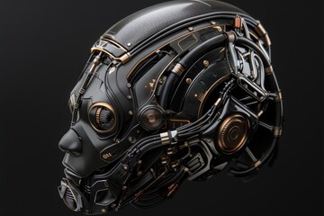 A detailed, isolated robot head showcases intricate mechanical components, blending technology with artistry against a dark backdrop.