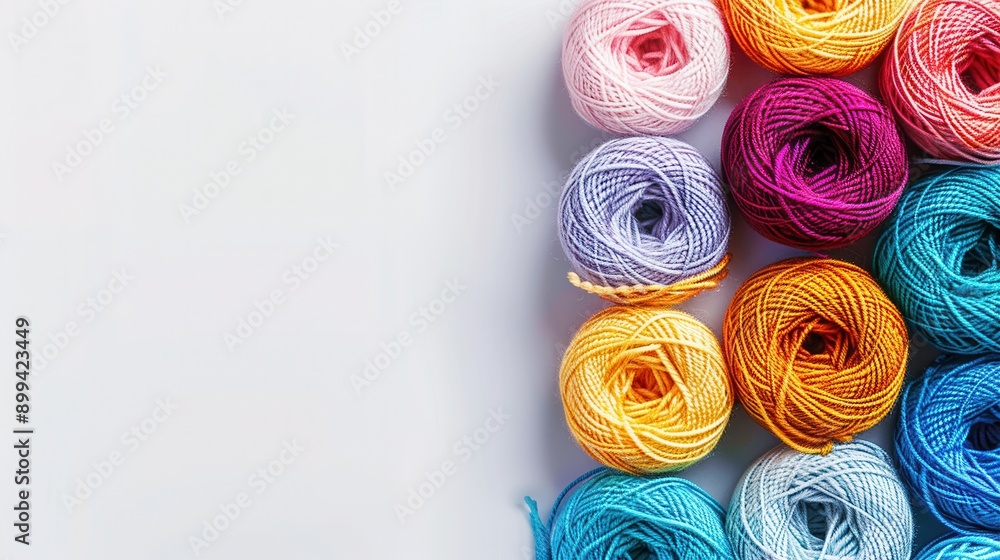 Poster colorful yarn rolls are displayed in a grid pattern on a clean white background, providing a vibrant