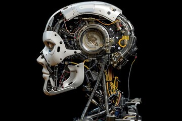 Fototapeta premium An isolated robotic head showcases intricate circuitry and mechanical elements, merging art and technology in a captivating display.