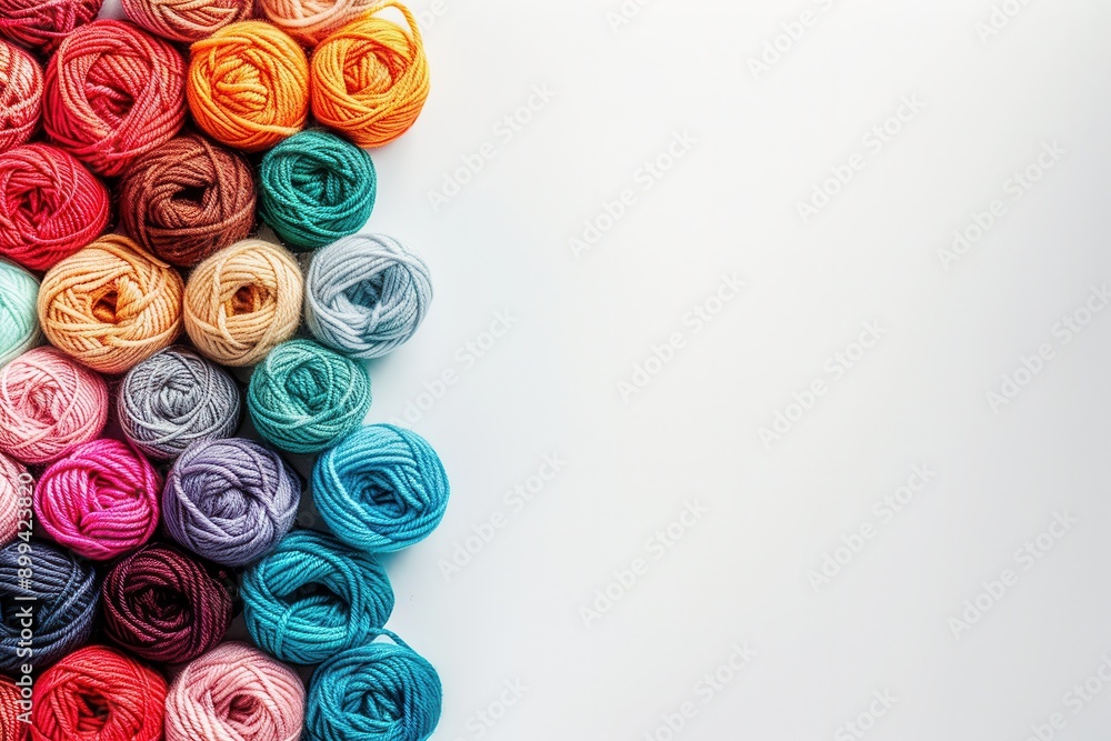 Poster a vibrant assortment of rolled yarn in various colors sits neatly arranged on a white surface, ideal