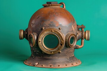 Fototapeta premium A unique high-tech diving helmet showcases intricate design and weathered metal textures, set against a striking green background.