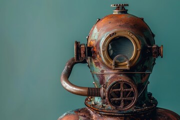 Fototapeta premium A meticulously crafted diving helmet showcases its intricate design and textures, set against a rich teal backdrop, evoking a sense of exploration and adventure beneath the waves.