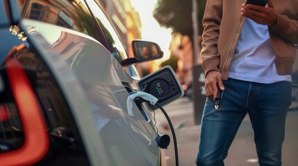 Man Charging Electric Car on City Street