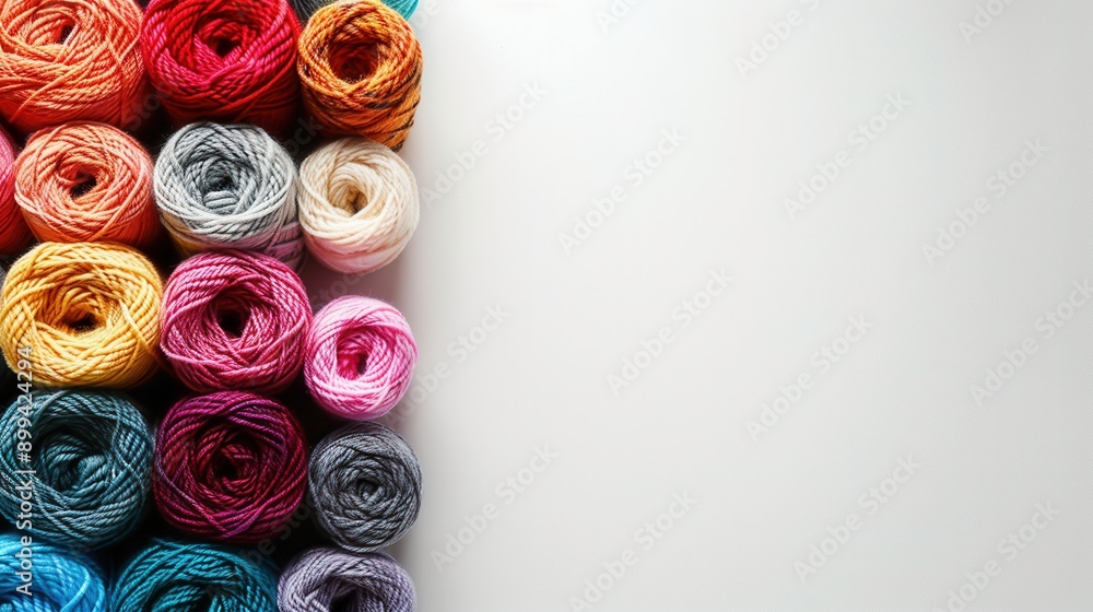 Poster Colorful yarn rolls are neatly arranged in a grid, offering a vibrant display against a white background perfect for text and creative ideas. Generative AI