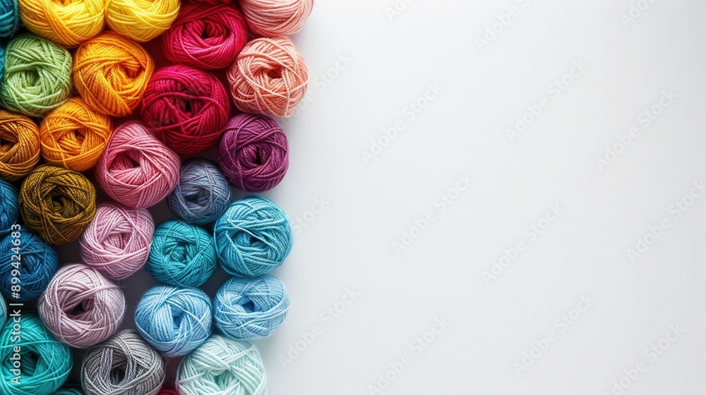 Poster A vibrant display of yarn rolls creates a visually appealing grid, offering ample space for creative text or craft project ideas. Generative AI