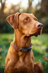 A brown dog sitting in the grass looking up at the sky