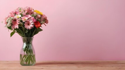 Obraz premium Vase with flowers on the table and pink wall behind it. Copy Space, Pink Background Banner, Pink Background Copy Space