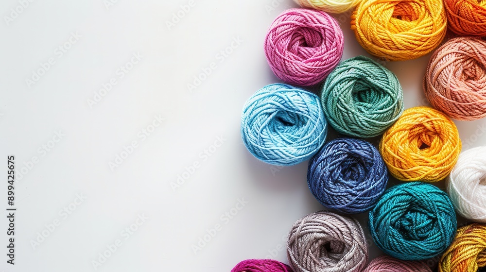 Poster A collection of vibrant yarn rolls neatly arranged in a grid pattern, ideal for showcasing crafting ideas or adding text. Generative AI