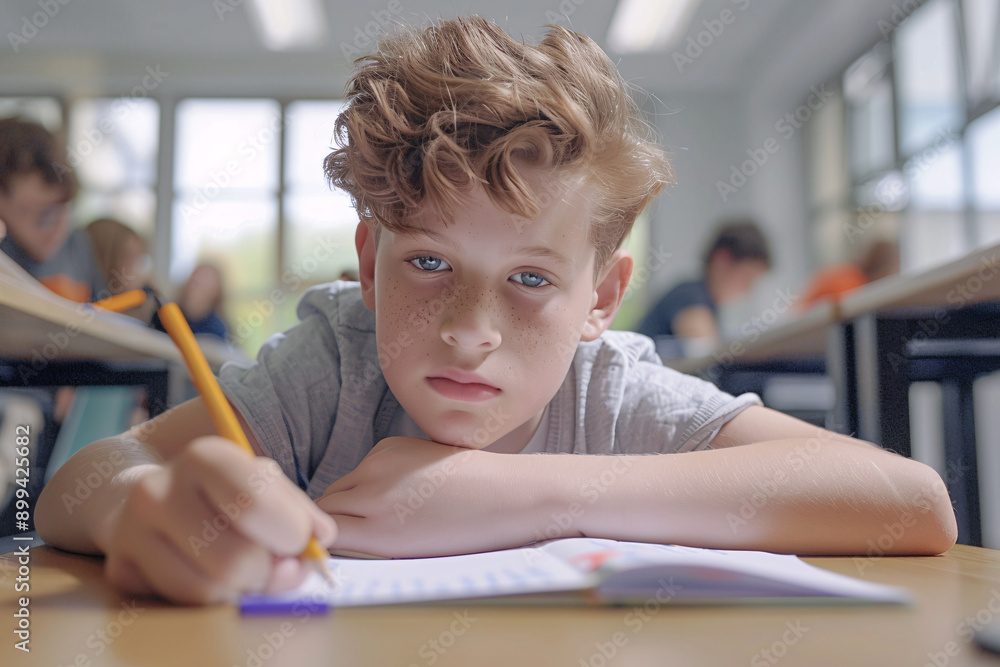 Wall mural sad student boy writing exam in modern bright university with book