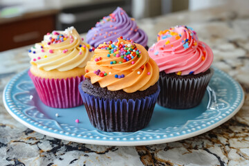 A blue plate topped with three cupcakes covered in frosting and sprinkles