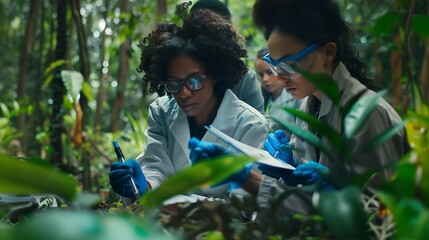 A diverse team of scientists conducting field research in a forest, collecting and analyzing data together.