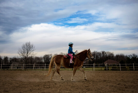 Young girl in helmet riding brown pony in pature