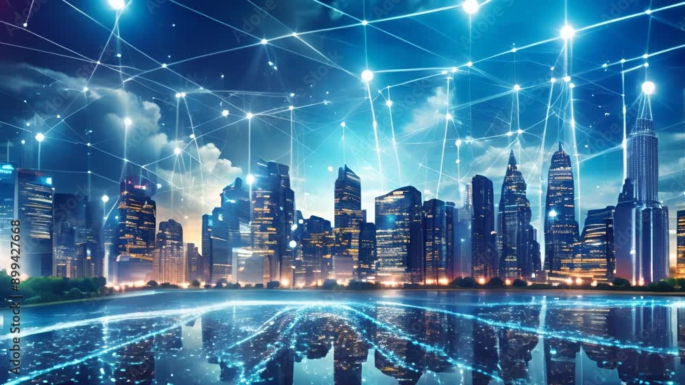 Poster A smart city and connectivity abstract pattern with lights and speed lines, representing big data connectivity technology.