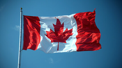 A beautiful Canadian flag flutters in the wind close-up