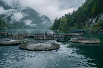 Fototapeta premium Lake with salmon farm near mountains