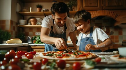 A father and son making homemade pizza in the kitchen, both excited to taste their creation.