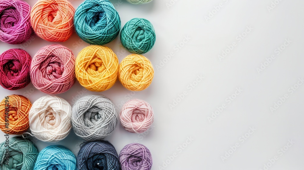 Poster a grid of vibrant yarn rolls creates a visually appealing arrangement against a clean white backgrou