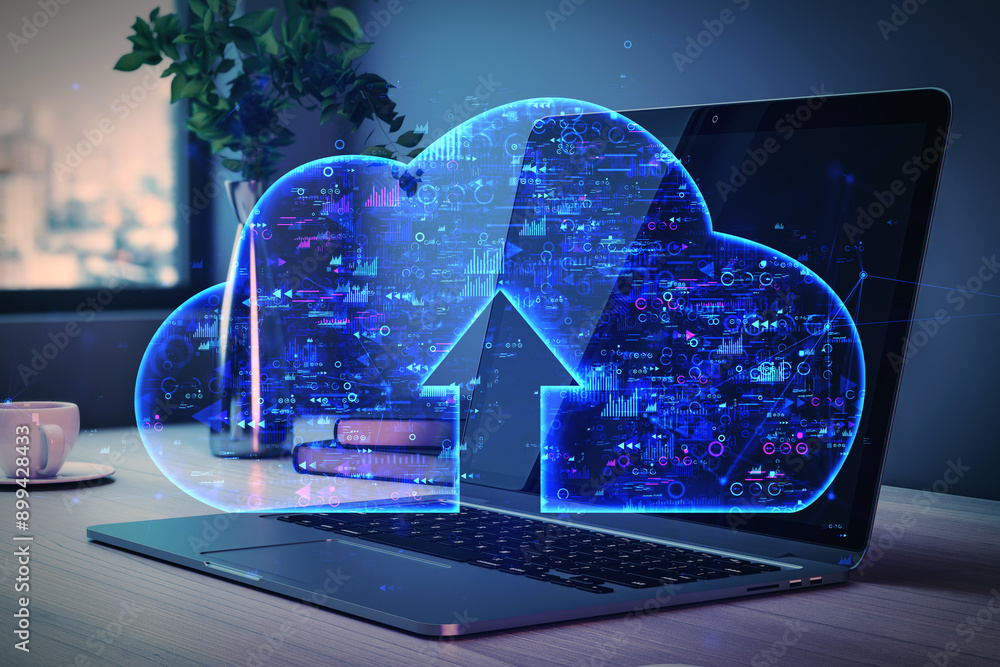 Poster Digital cloud upload icon with data overlay on laptop screen in modern office setting.