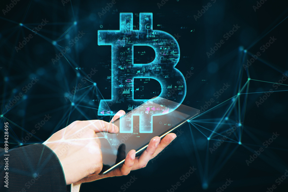 Poster digital bitcoin symbol overlaying a hand holding a smartphone on a dark background.